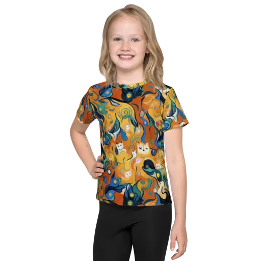Whimsical Feline Dance on a Kids Crew Neck T-Shirt