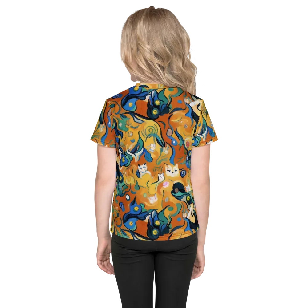 Whimsical Feline Dance on Kids Crew Neck T-Shirt — Back