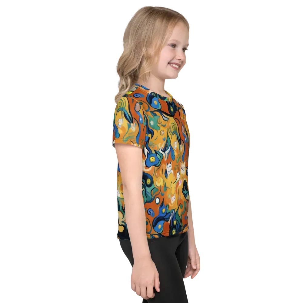 Whimsical Feline Dance on Kids Crew Neck T-Shirt — Right