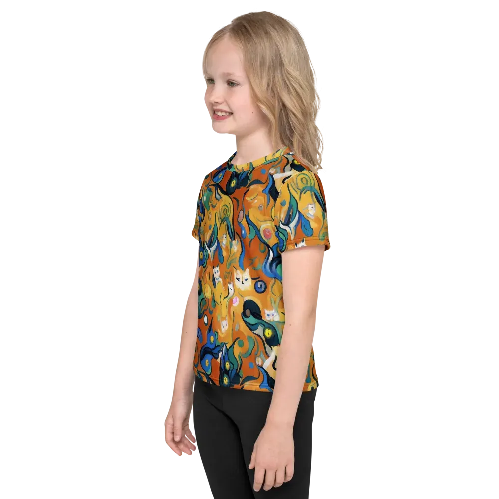 Whimsical Feline Dance on Kids Crew Neck T-Shirt — Left