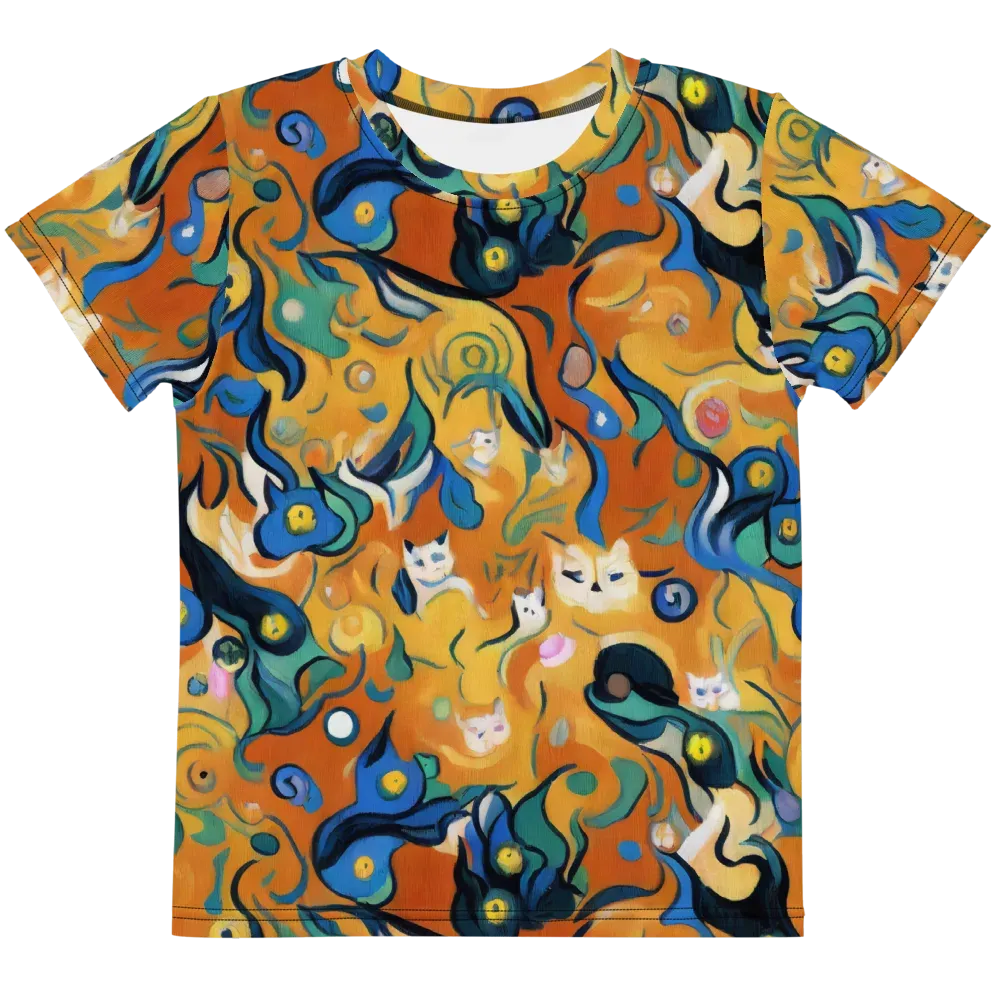 Whimsical Feline Dance on Kids Crew Neck T-Shirt — Front
