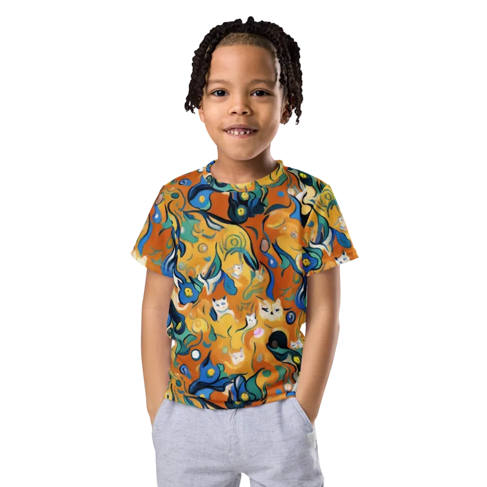 Whimsical Feline Dance on Kids Crew Neck T-Shirt — Front