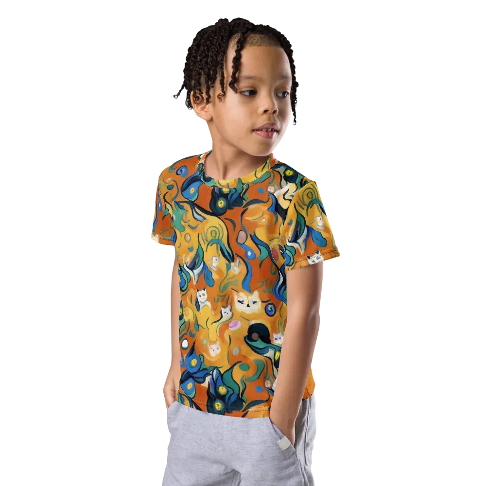 Whimsical Feline Dance on Kids Crew Neck T-Shirt — Left Front