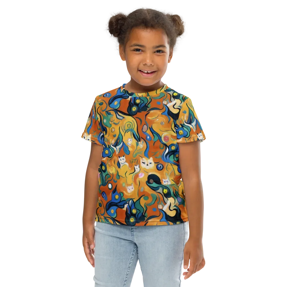 Whimsical Feline Dance on Kids Crew Neck T-Shirt — Front
