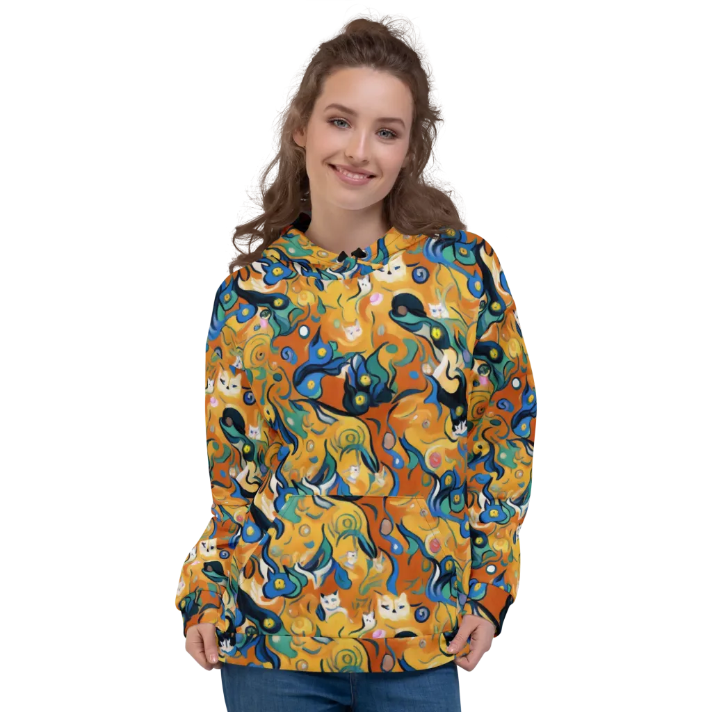 Whimsical Feline Dance on Hoodie — Front