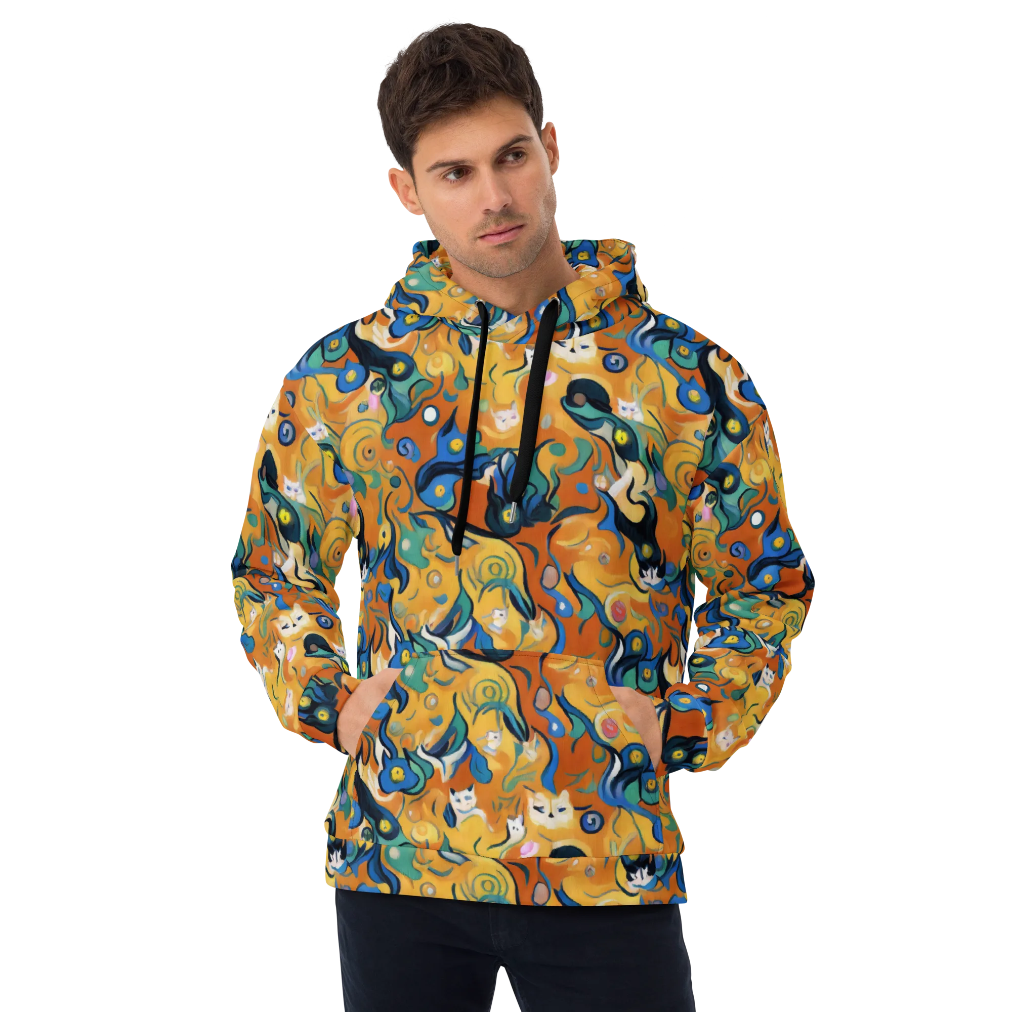 Whimsical Feline Dance on Hoodie — Front