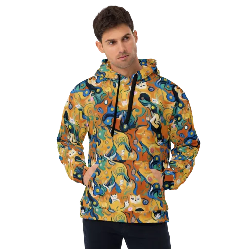 Whimsical Feline Dance on a Hoodie