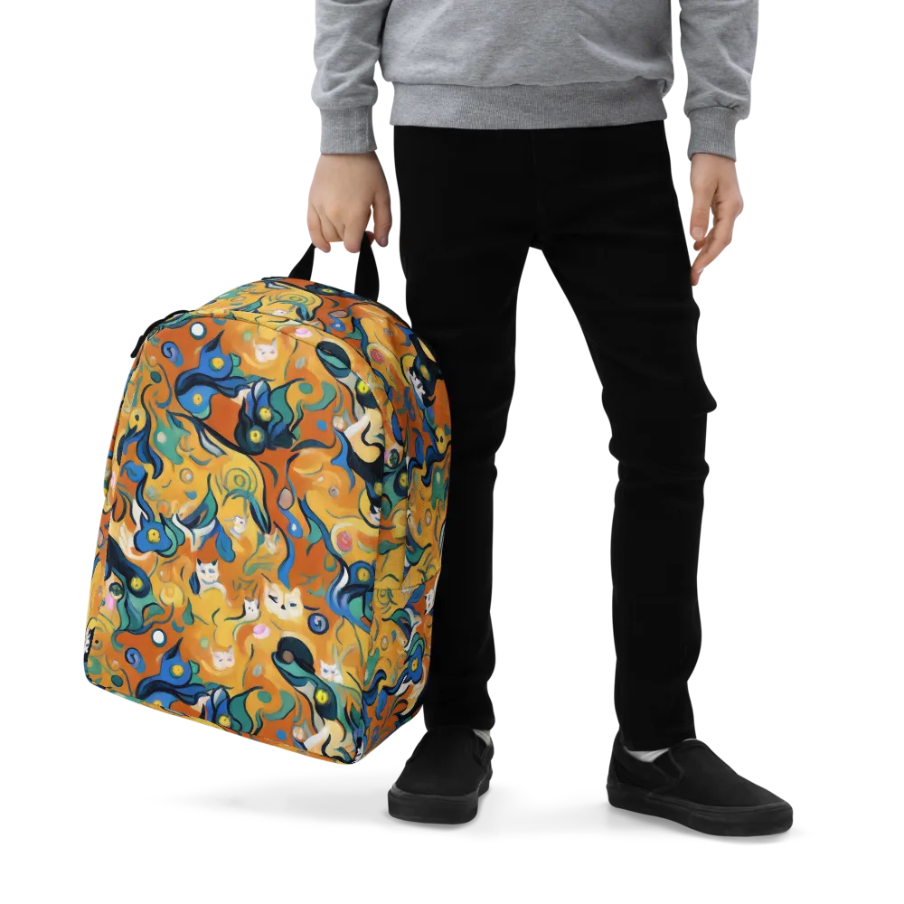 Whimsical Feline Dance on Minimalist Backpack — Zoomed-in