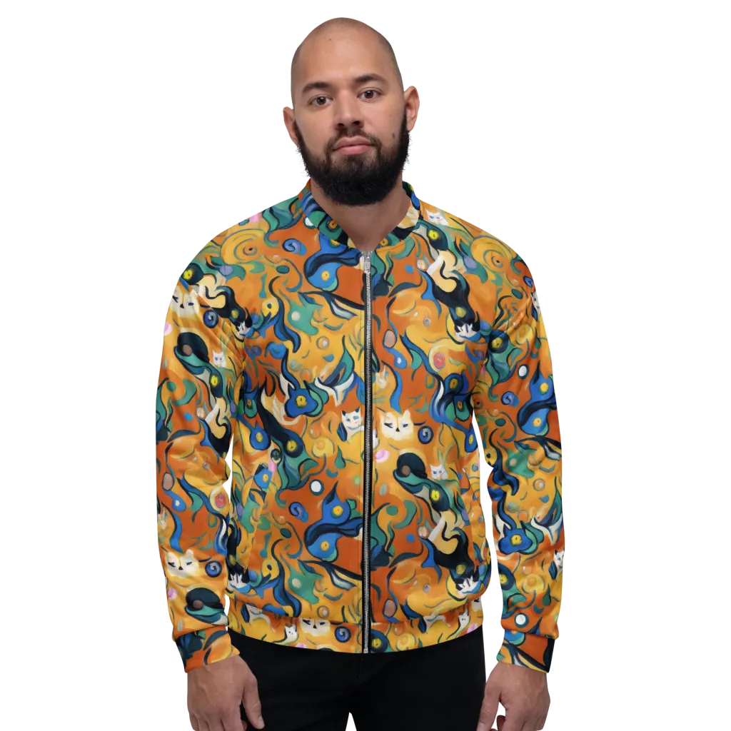 Whimsical Feline Dance on Bomber Jacket — Front