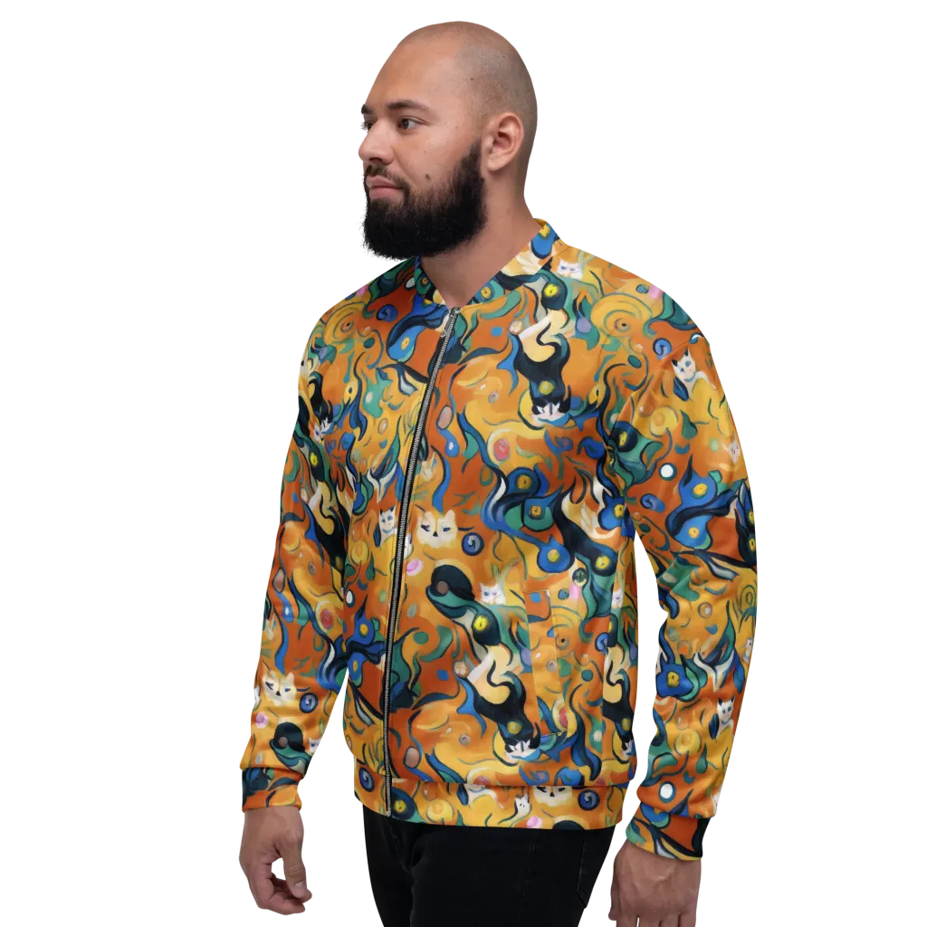 Whimsical Feline Dance on Bomber Jacket — Left
