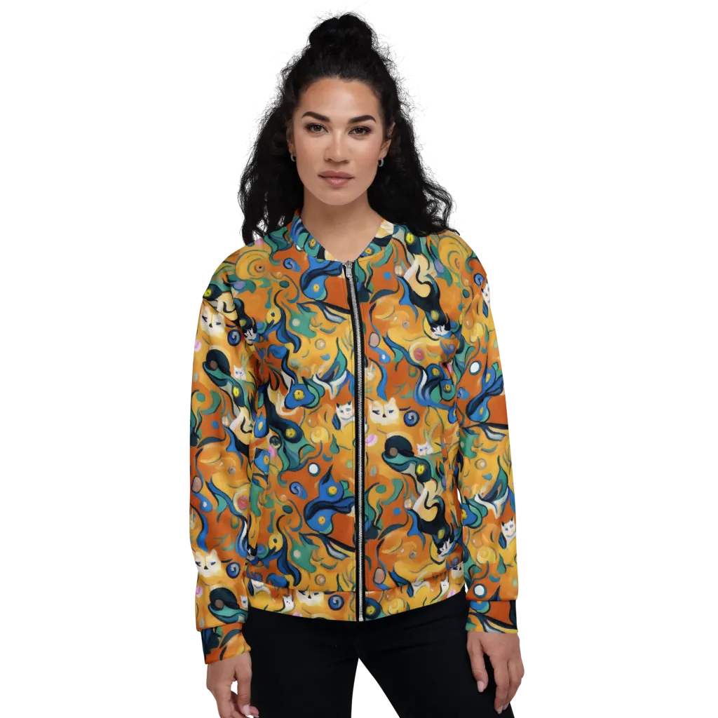 Whimsical Feline Dance on Bomber Jacket — Front