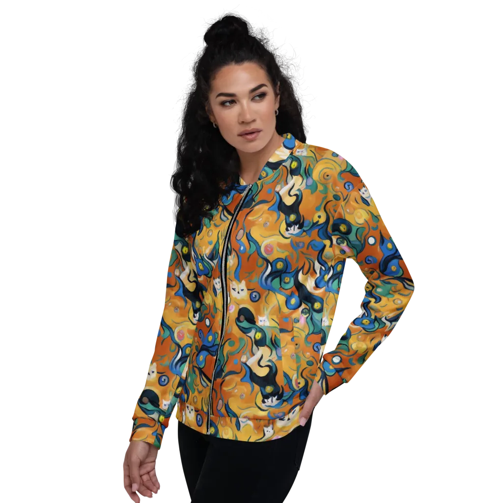 Whimsical Feline Dance on Bomber Jacket — Left