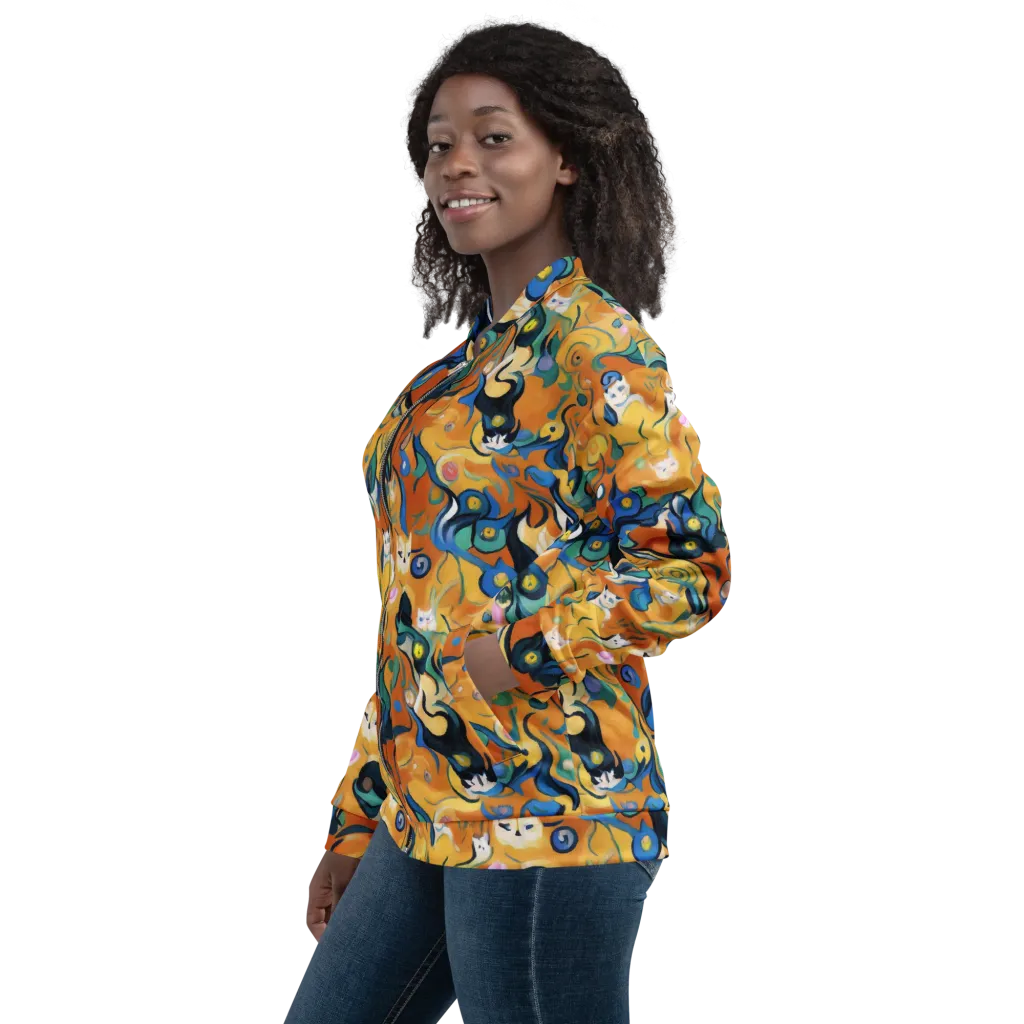 Whimsical Feline Dance on Bomber Jacket — Left