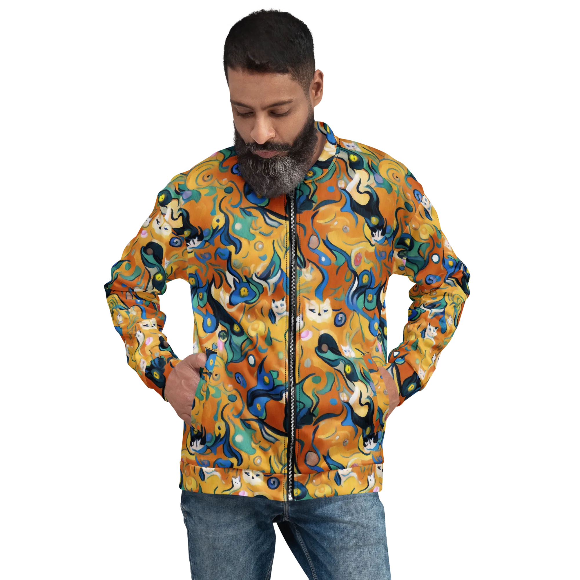 Whimsical Feline Dance on Bomber Jacket — Front