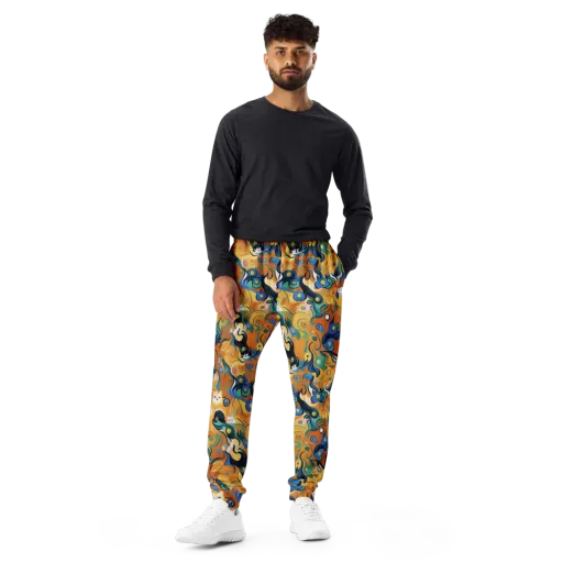 Whimsical Feline Dance on a Men's Joggers