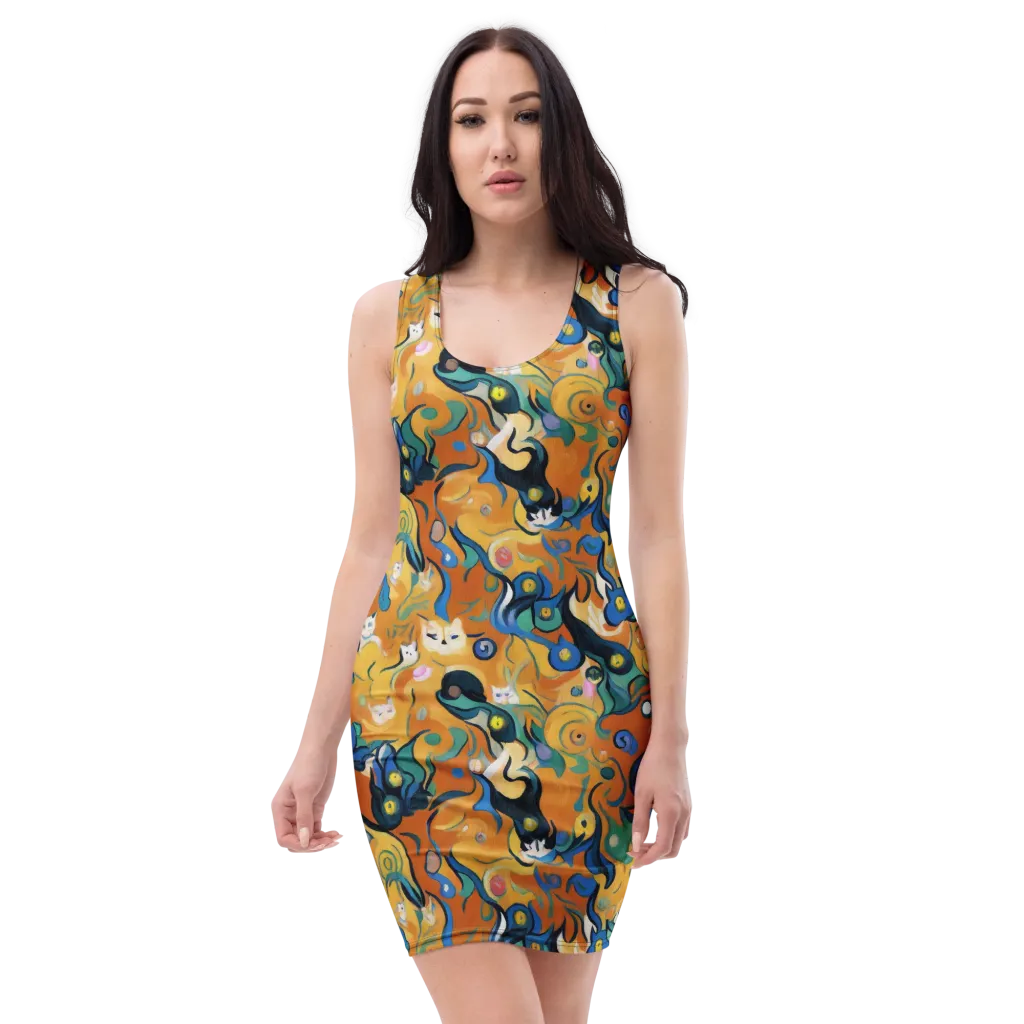 Whimsical Feline Dance on Bodycon Dress — Front