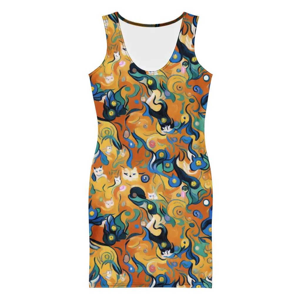 Whimsical Feline Dance on Bodycon Dress — Front