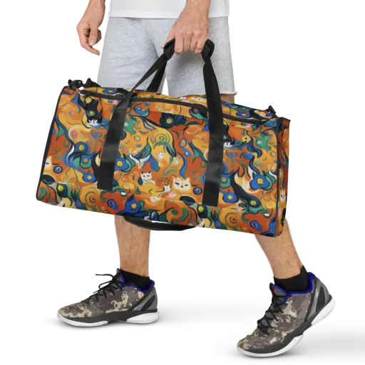 Whimsical Feline Dance on a Duffle Bag
