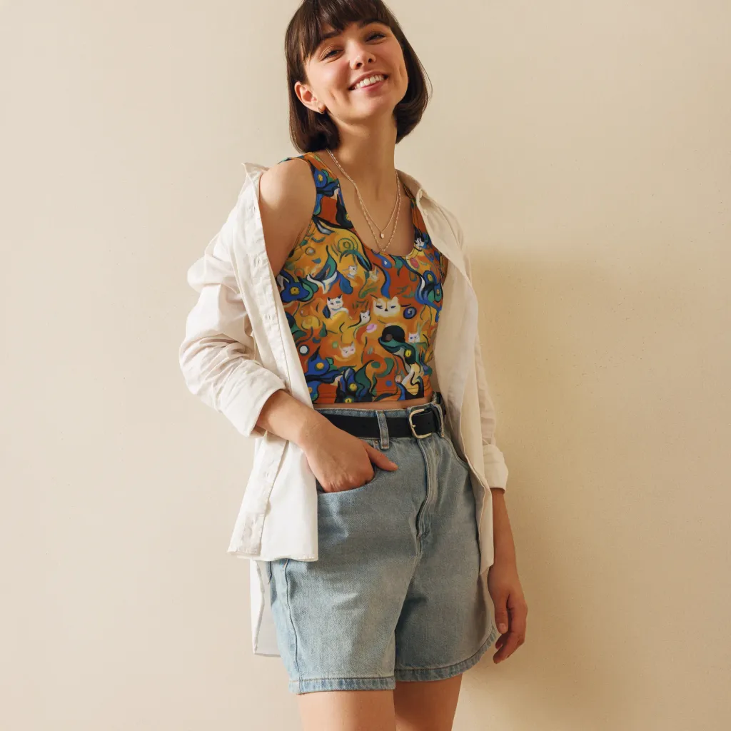 Whimsical Feline Dance on Crop Top — Front