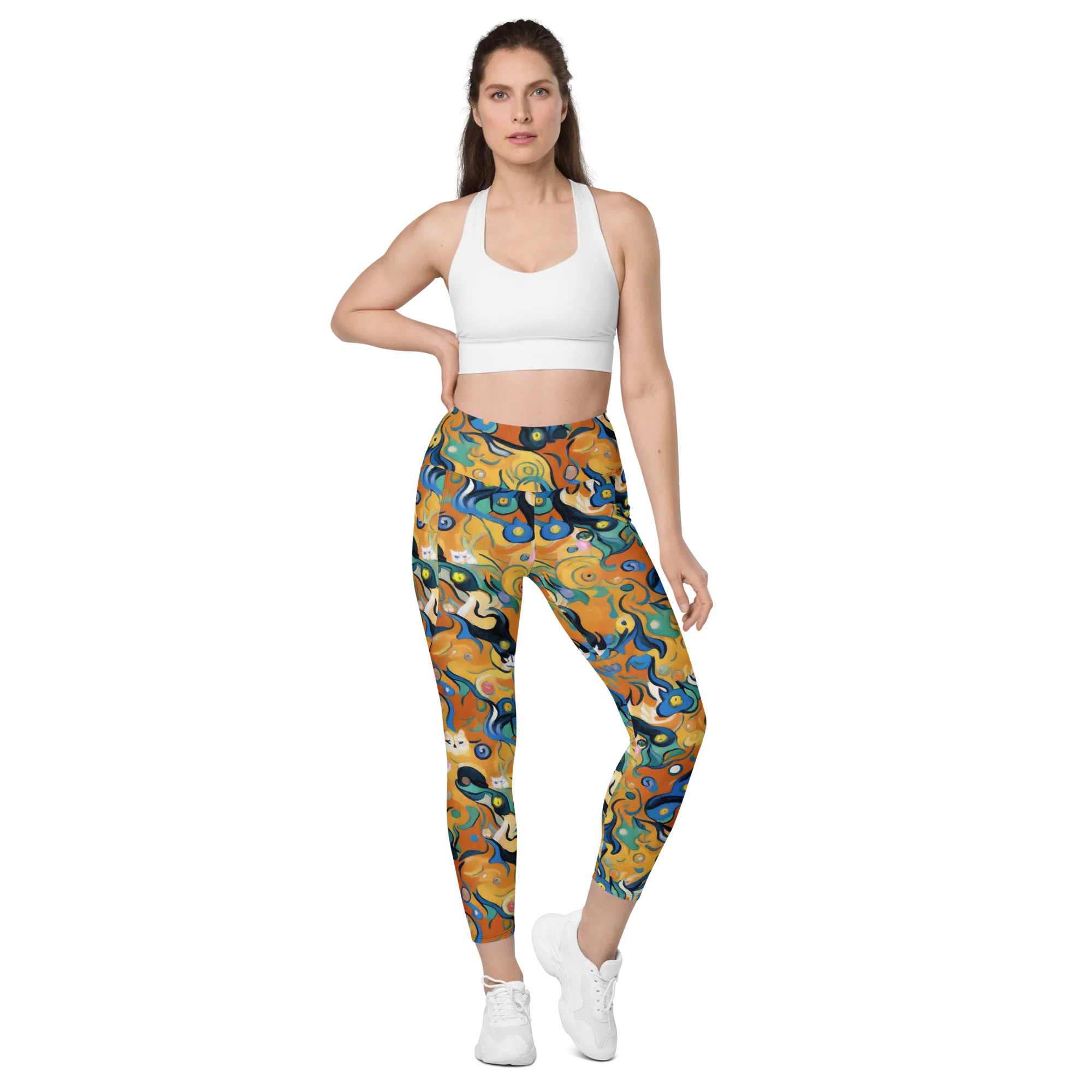 Whimsical Feline Dance on Leggings with Pockets — Front