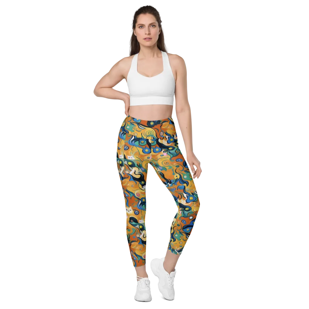Whimsical Feline Dance on Leggings with Pockets — Front