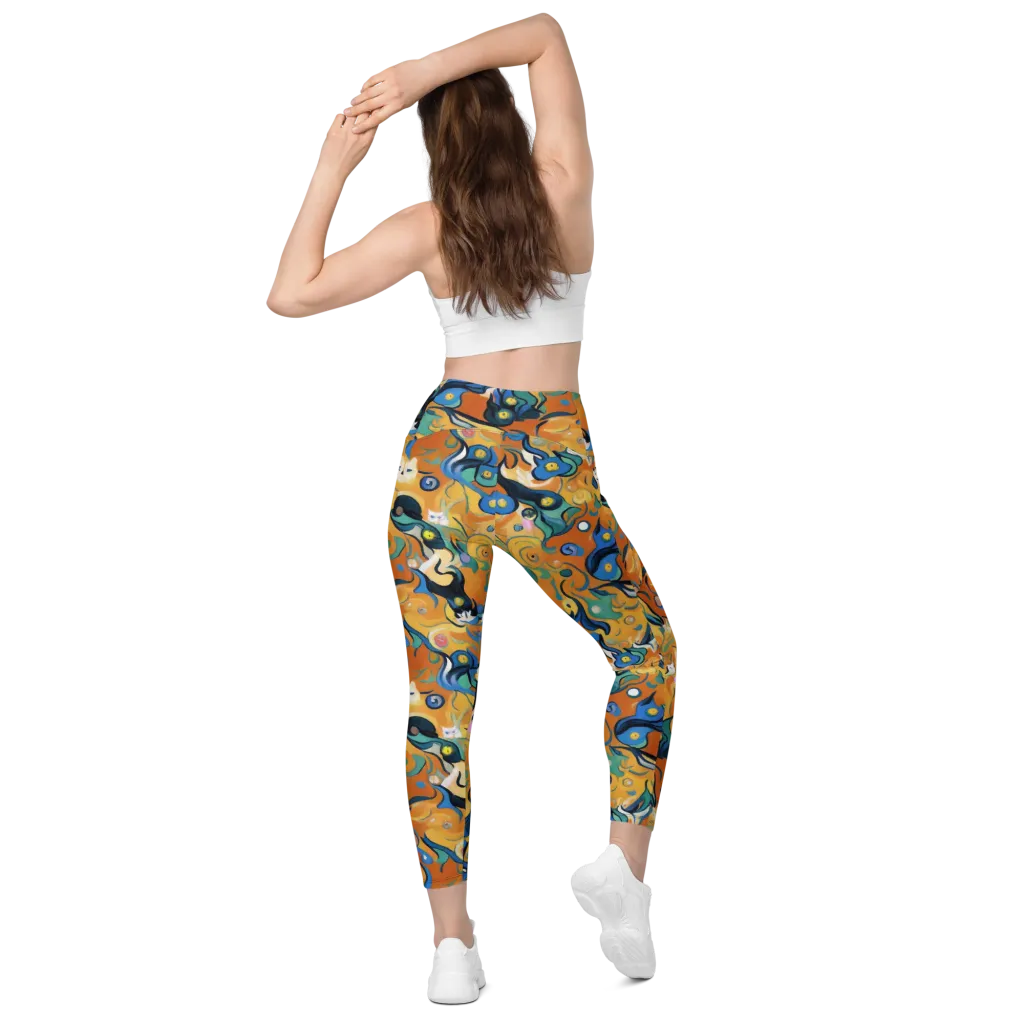 Whimsical Feline Dance on Leggings with Pockets — Back
