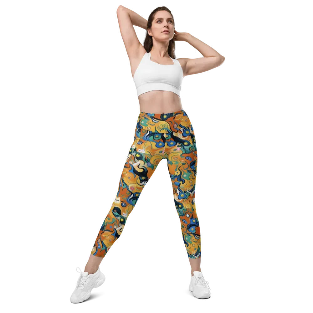Whimsical Feline Dance on Leggings with Pockets — Front