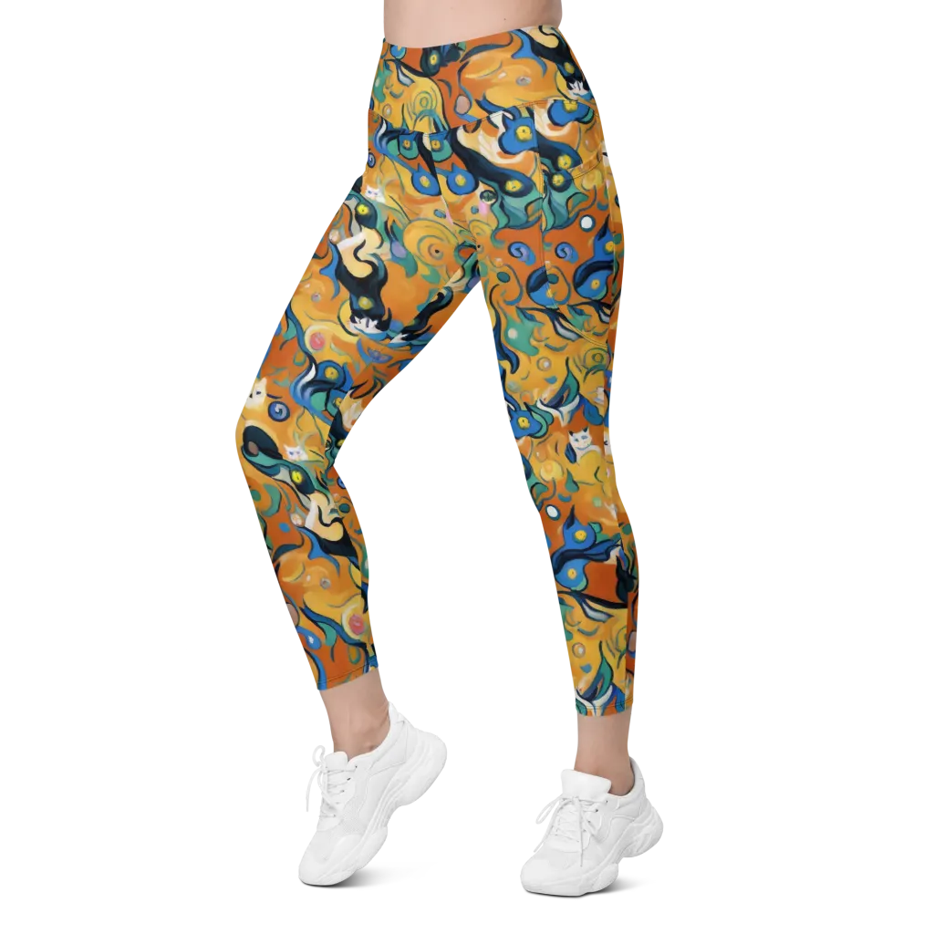 Whimsical Feline Dance on Leggings with Pockets — Left Front