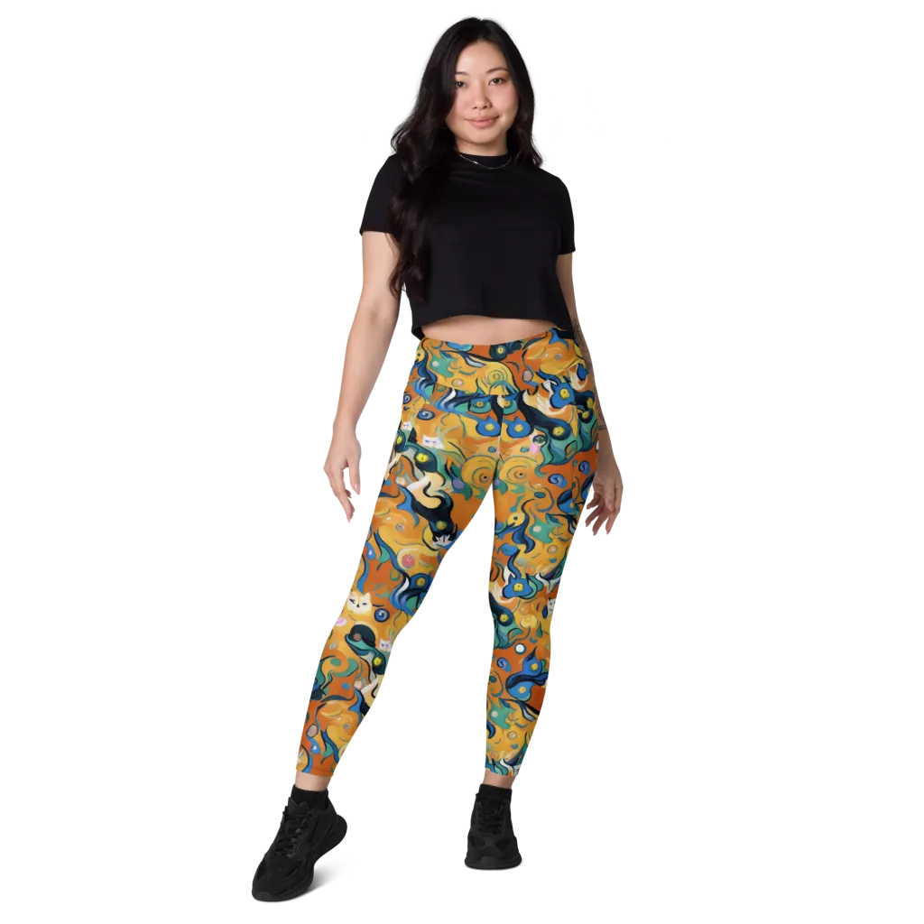 Whimsical Feline Dance on Leggings with Pockets — Front
