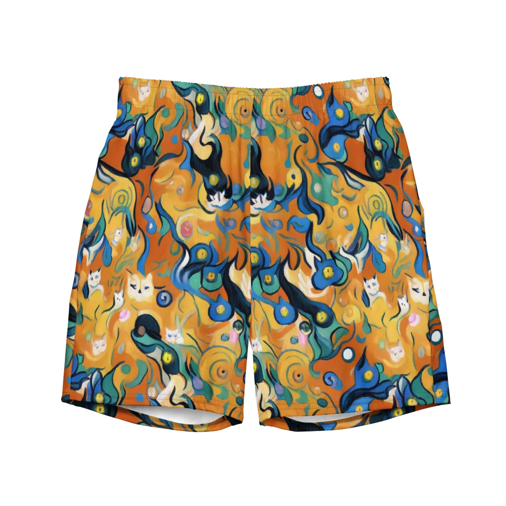 Whimsical Feline Dance on Swim Trunks — Front