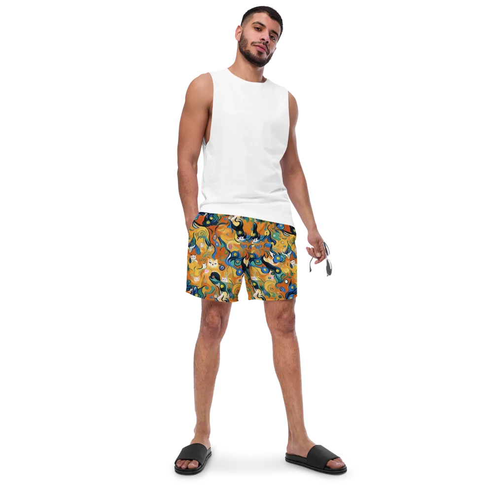 Whimsical Feline Dance on Swim Trunks — Front