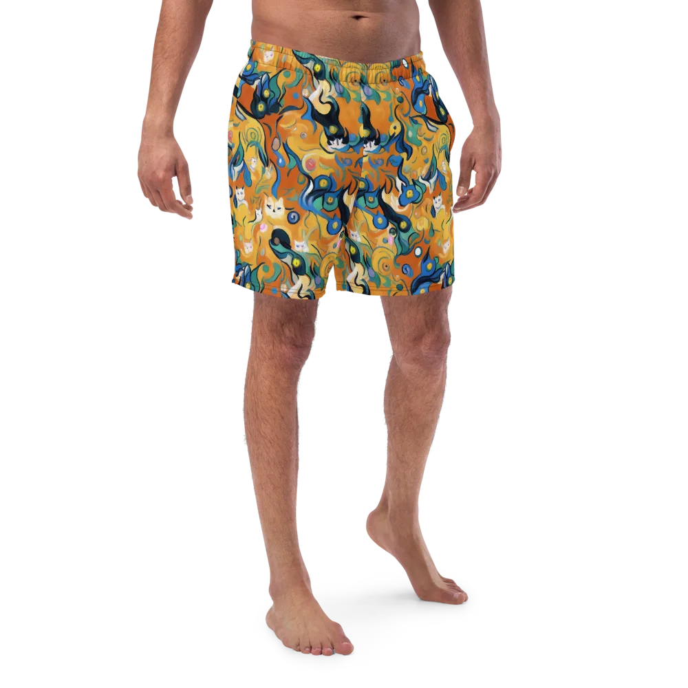 Whimsical Feline Dance on Swim Trunks — Front