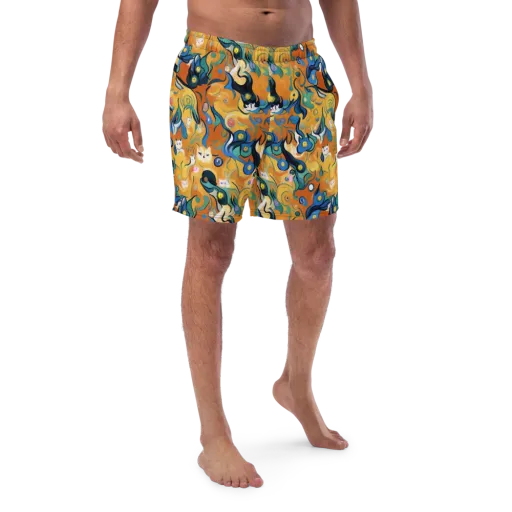 Whimsical Feline Dance on a Swim Trunks