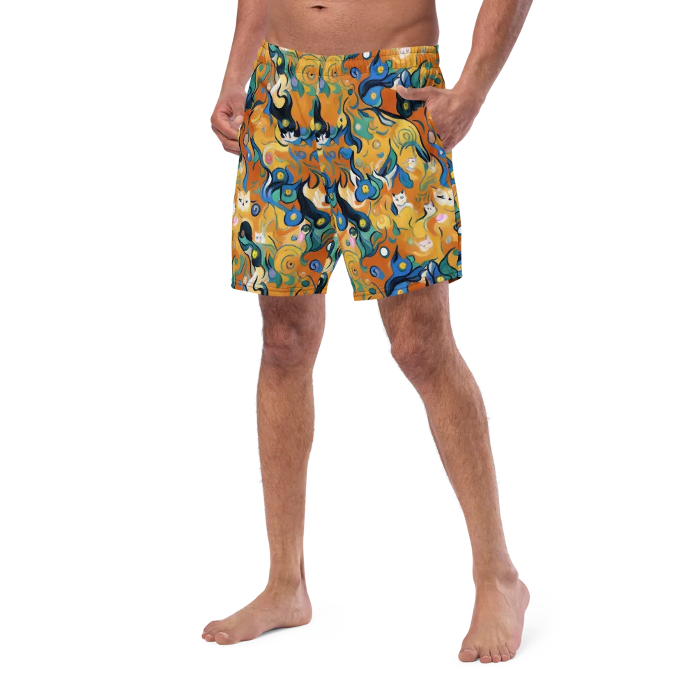 Whimsical Feline Dance on Swim Trunks — Left Front