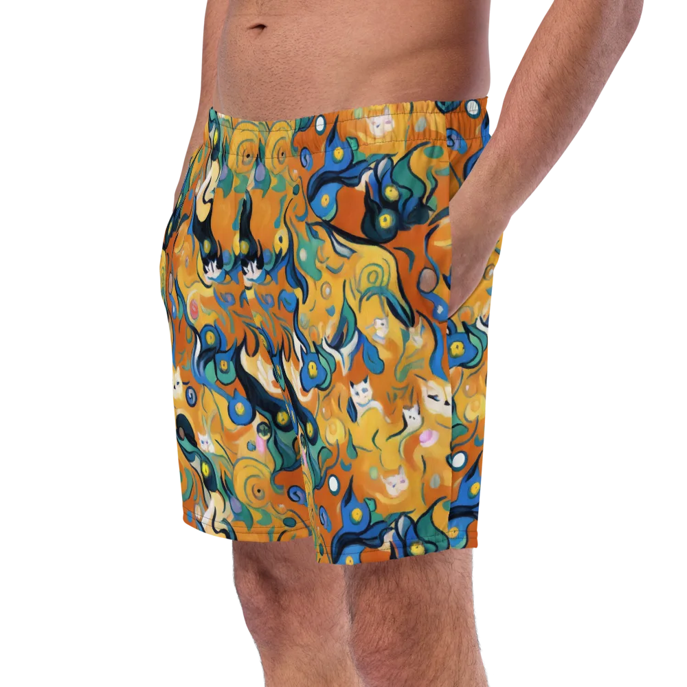Whimsical Feline Dance on Swim Trunks — Left Front