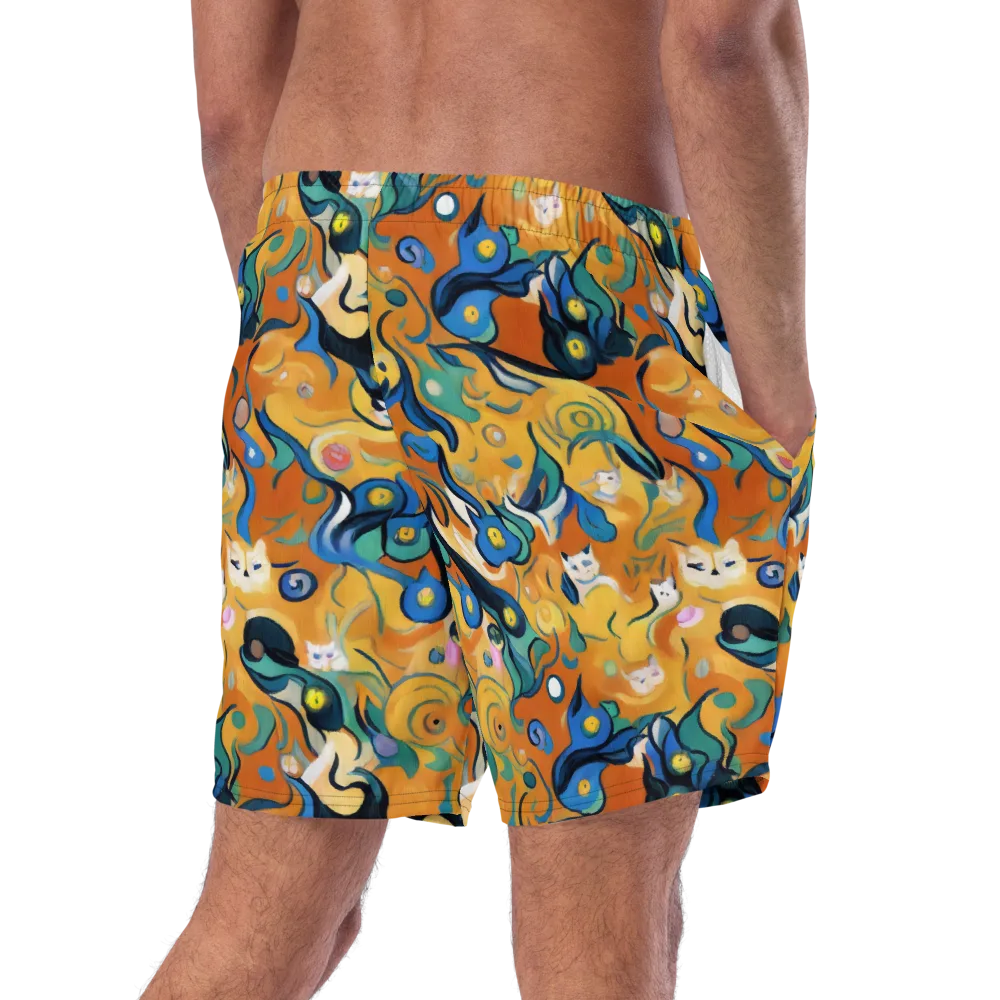 Whimsical Feline Dance on Swim Trunks — Right Back