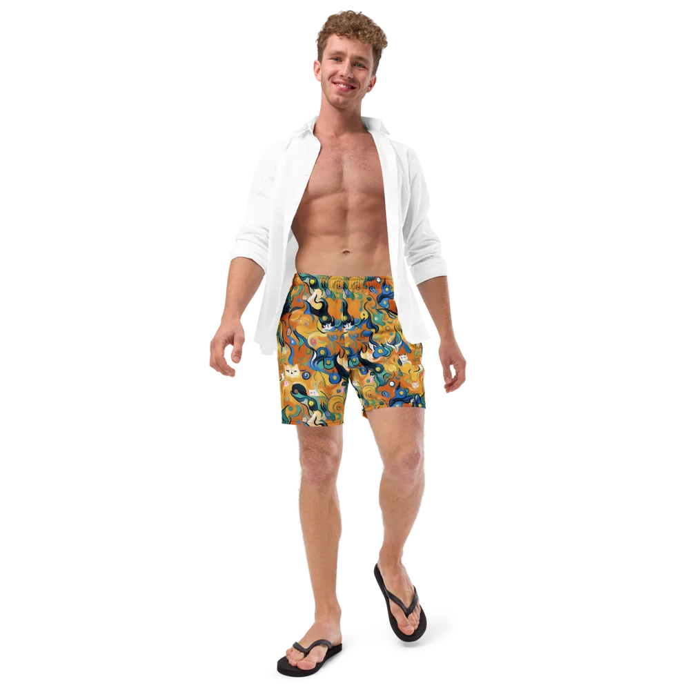 Whimsical Feline Dance on Swim Trunks — Front