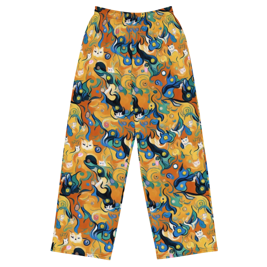 Whimsical Feline Dance on Wide-Leg Pants — Front