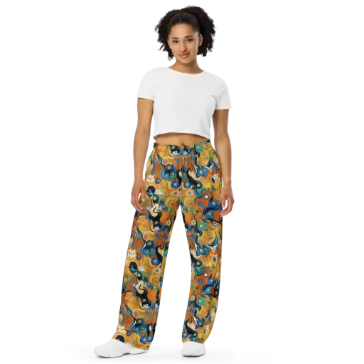 Whimsical Feline Dance on a Wide-Leg Pants