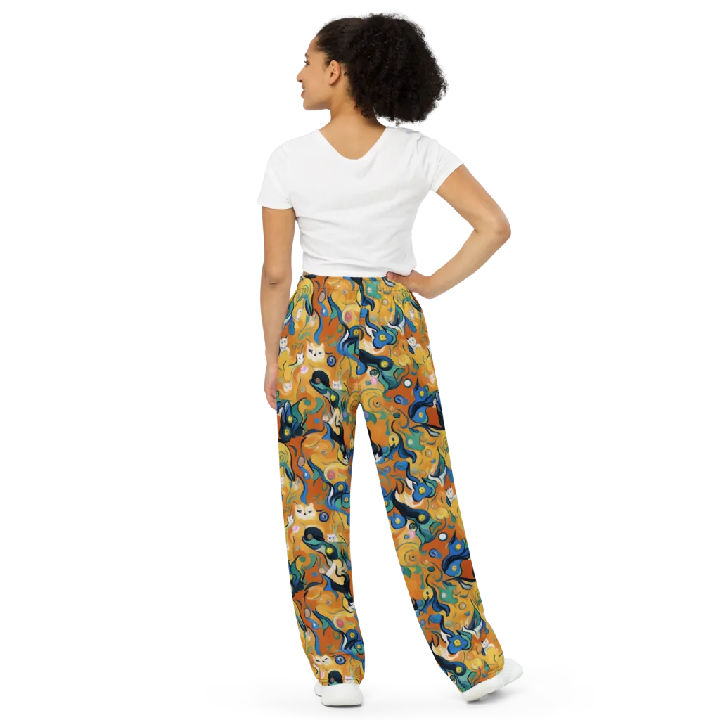 Whimsical Feline Dance on Wide-Leg Pants — Back