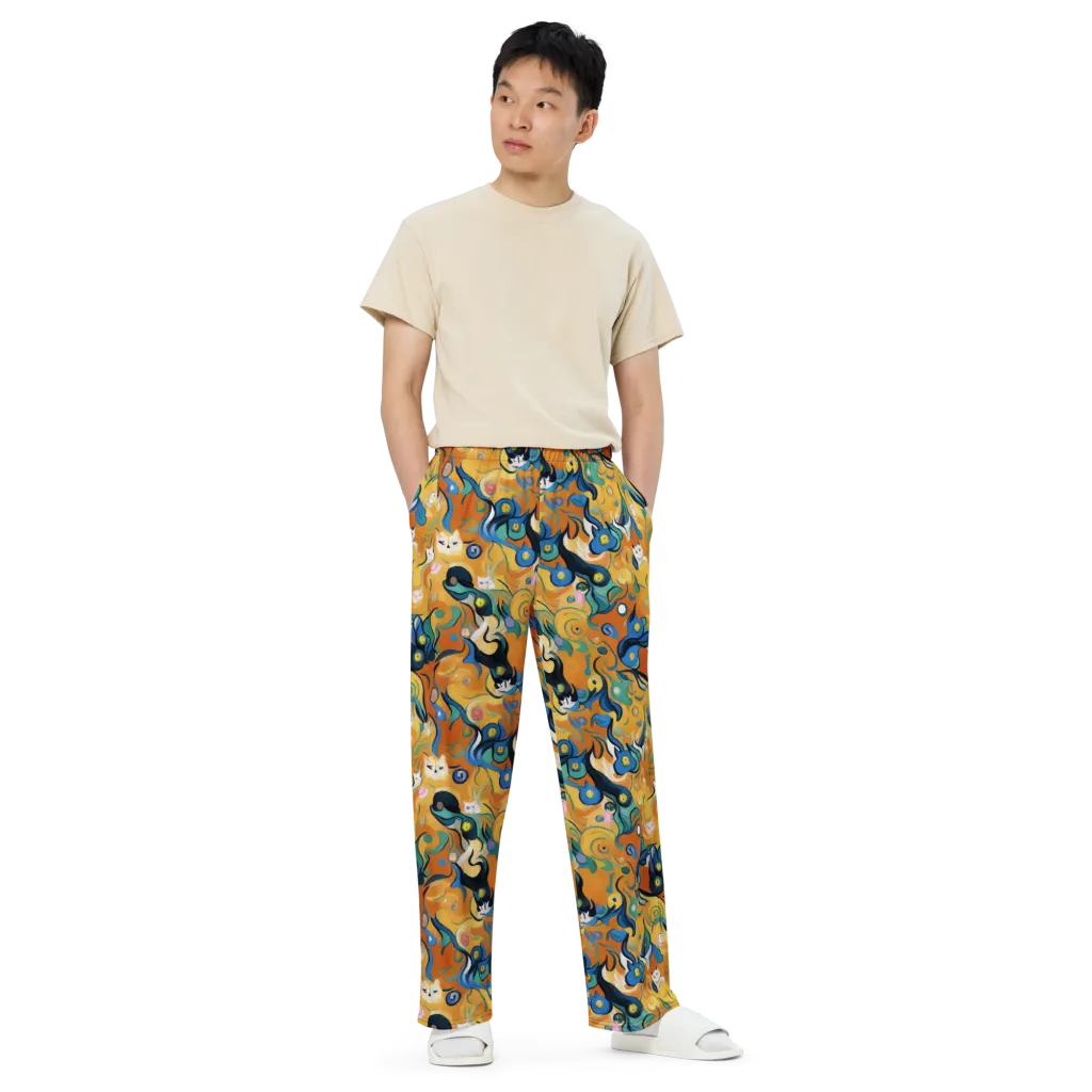 Whimsical Feline Dance on Wide-Leg Pants — Front