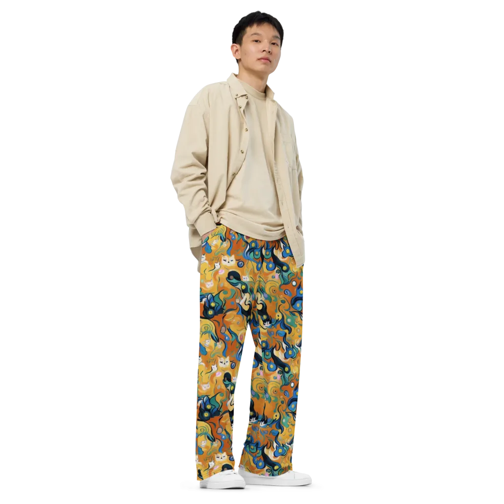 Whimsical Feline Dance on Wide-Leg Pants — Right Front