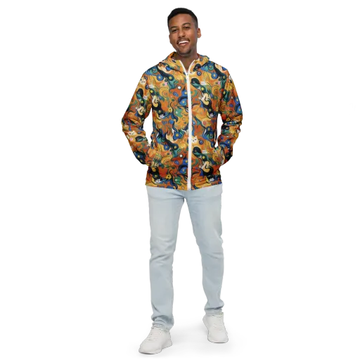 Whimsical Feline Dance on a Men's Windbreaker