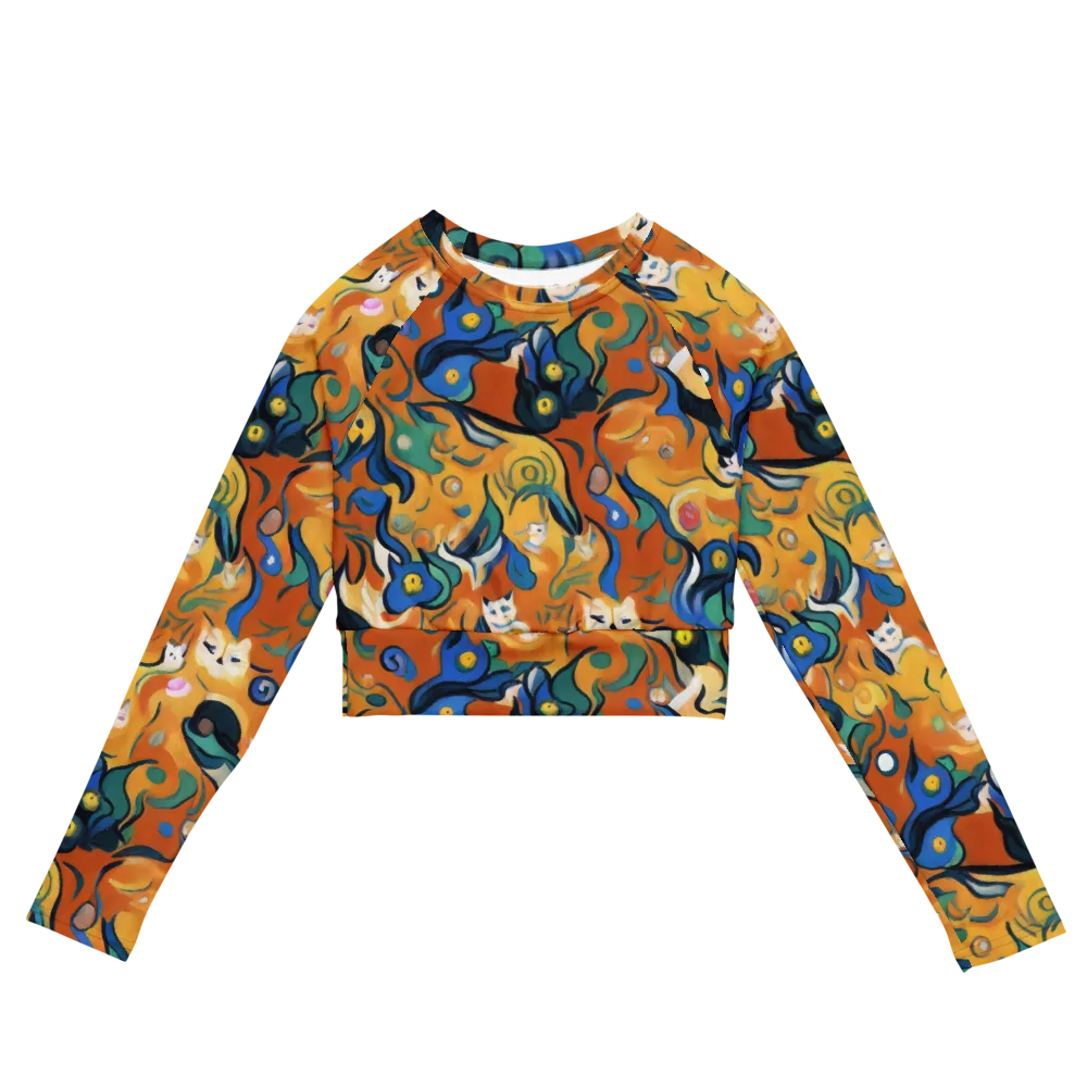 Whimsical Feline Dance on Long Sleeve Crop Top — Front