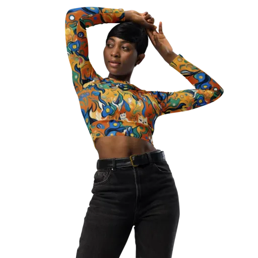 Whimsical Feline Dance on a Long Sleeve Crop Top