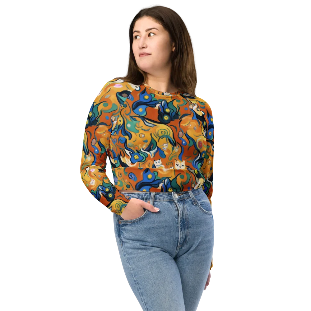 Whimsical Feline Dance on Long Sleeve Crop Top — Front