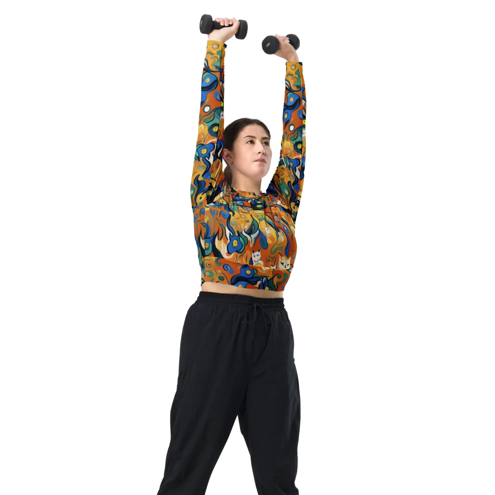 Whimsical Feline Dance on Long Sleeve Crop Top — Right Front