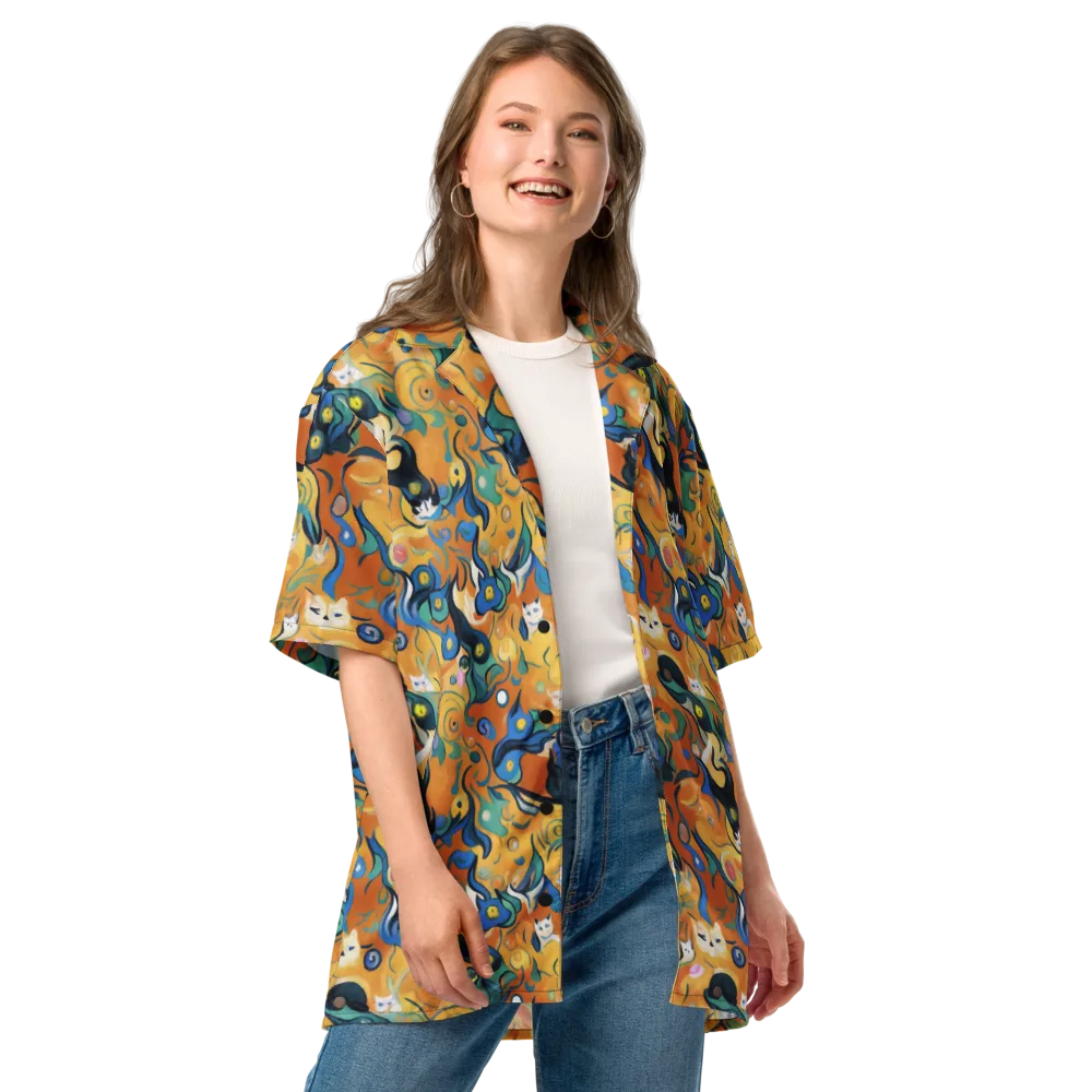 Whimsical Feline Dance on Button Shirt — Front