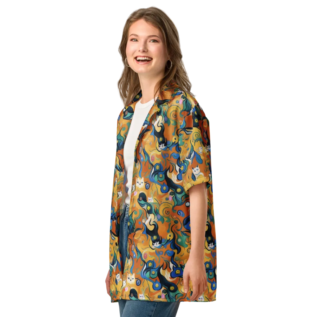 Whimsical Feline Dance on Button Shirt — Left Front