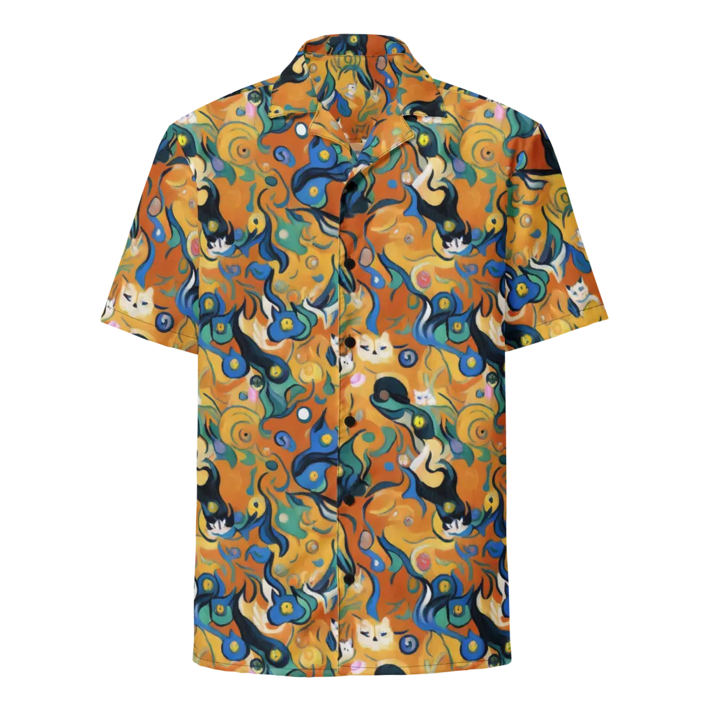 Whimsical Feline Dance on Button Shirt — Front